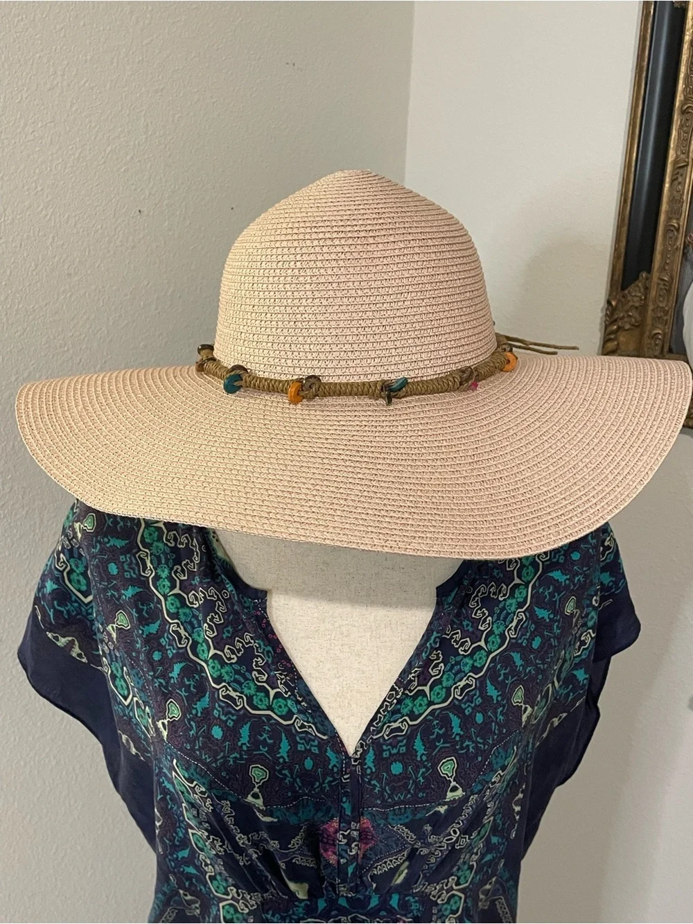 Straw Wide-Brim Sun Hat with Decorative Rope Band - Pink